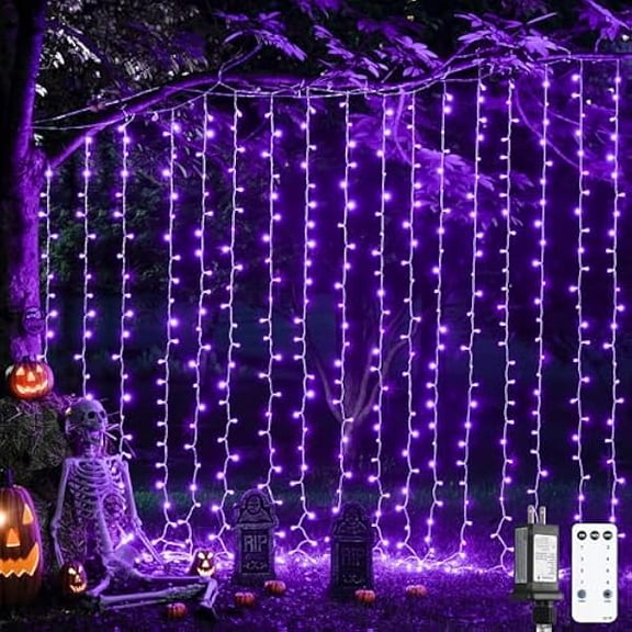 ZL 300LED Purple Halloween Lights with Remote, Curtain Hanging Light Plug in, 8 Modes Purple String Lights for Bedroom Window Wall Party Backdrop Christmas Halloween Decorations