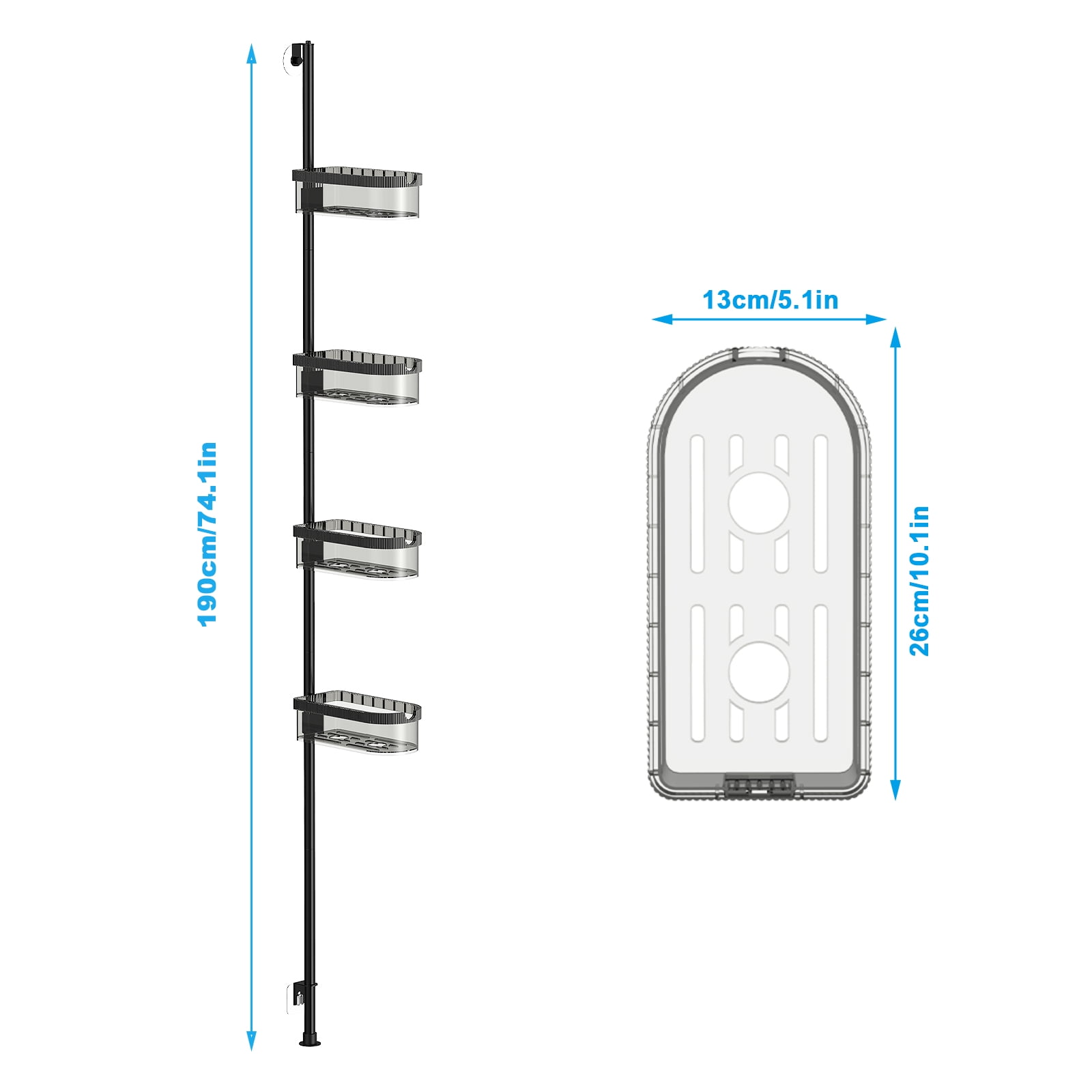 4-Tier Bathroom Tension Pole Shelf, 74.1in Adjustable Ceiling to Floor Storage Organizer for Shower Toiletries, Shampoo, Bath Essentials, Drill-Free Corner Shelf