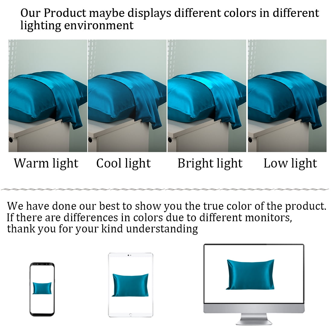 PiccoCasa Silk Pillowcases + Silk Eye Cover With Gift Box King Peacock Blue