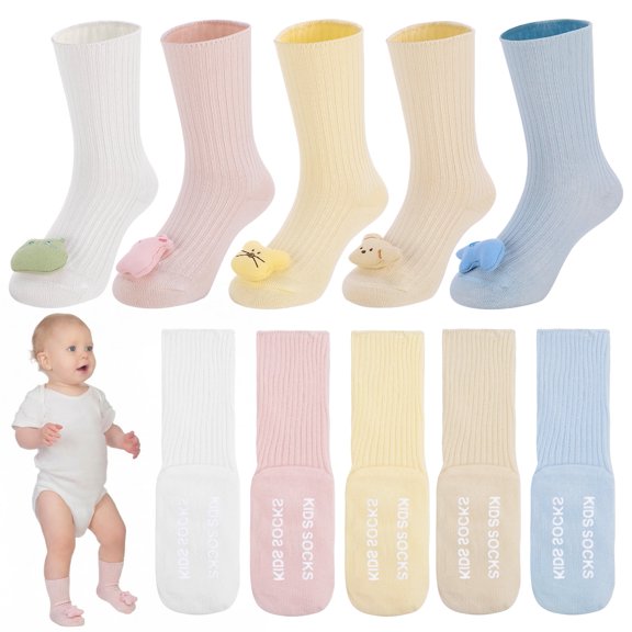 Bocaoying 5 Pairs Toddler Novelty Socks, Cotton Crew Socks, Non-Slip 3D Cartoon Animal Grippers, Age 1-3, M