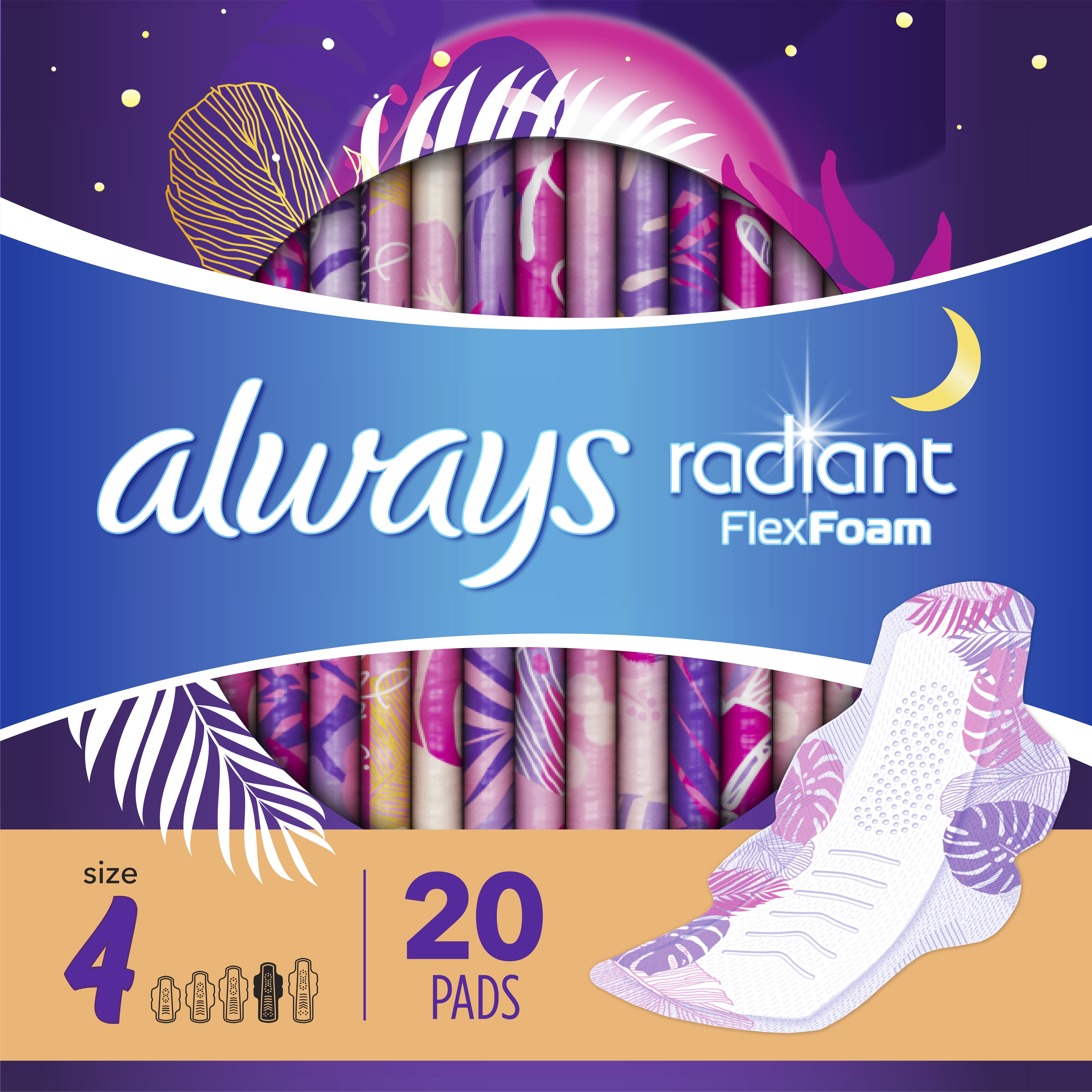 Always Radiant Overnight Pads with Wings, Scented, Size 4, 20 Ct