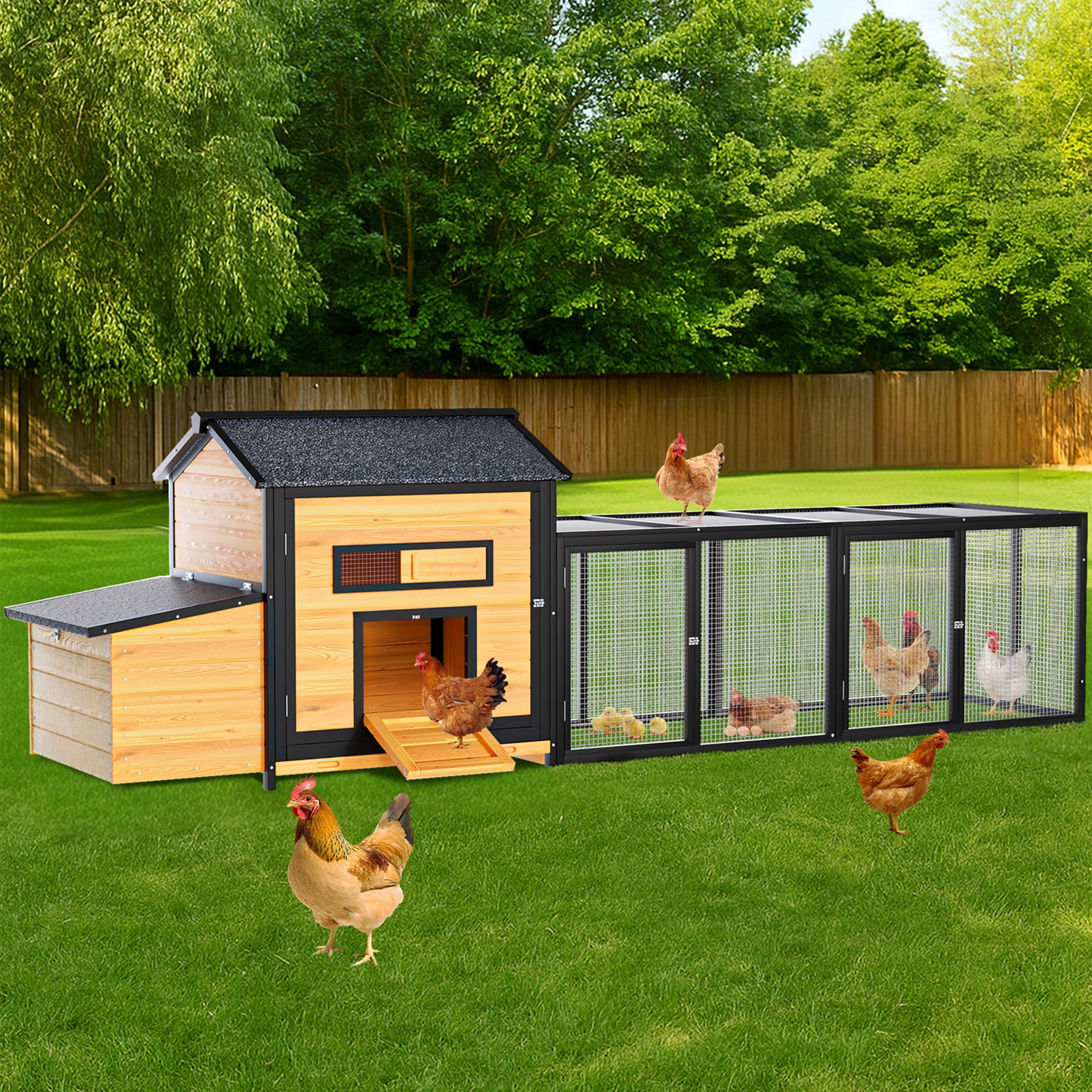 Aukfa 114" Large Chicken Coop Wood Chicken Run Cage w/ Nest Box and Pull-on Tray for Outdoor, Backyard, Black