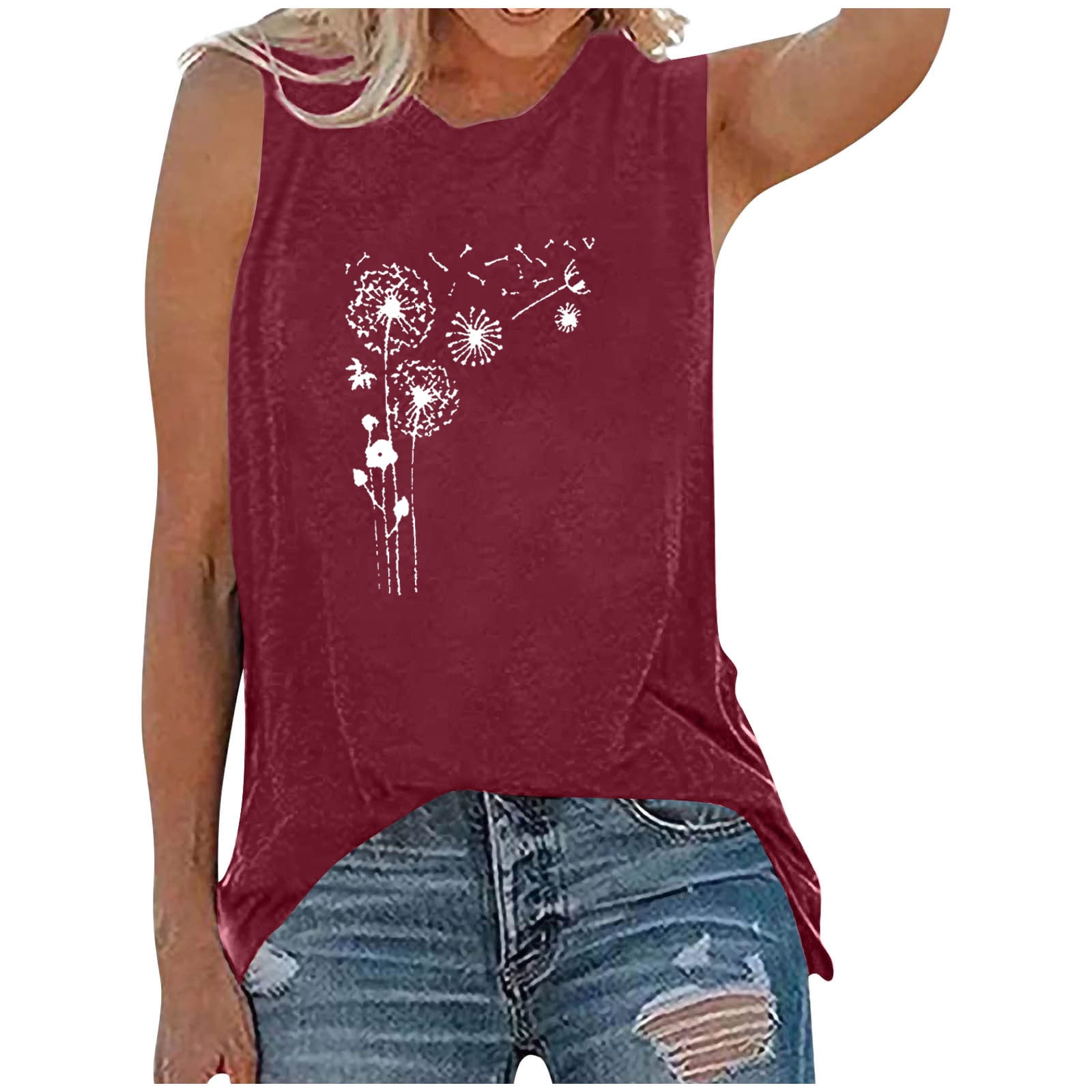 Womens Casual Rounk Neck Print Blouse Sleeveless T Shirt Tank Tops ...
