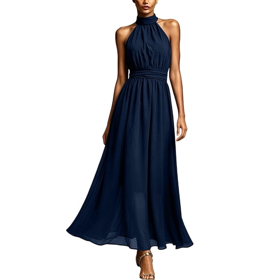 Womens Summer Dresses, Lace Trim Ruffle Long Dress for Women Floral Burnout A Line Sleeveless Dress Halter Neck Beach Vacation Evening Gown Dress