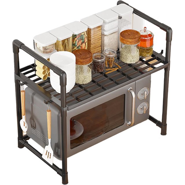 Kitchen Bakers Rack - Expandable Microwave Oven Shelf Unit | Microwave Stand | Kitchen Utensils and Cutlery Organizer | Adjustable Utility Storage Rack with Hooks for Kitchen
