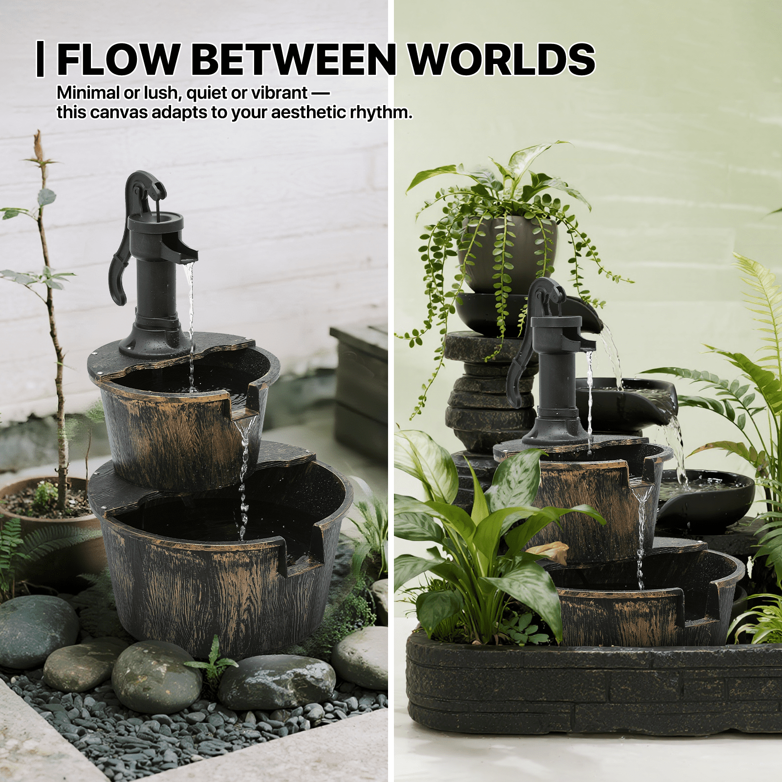 MoNiBloom 2-Tier Barrel and Pump Fountain Outdoor, 27" Tall Cascading Waterfall Fountain with Electric Recirculating Pump for Garden Patio Backyard Decor, Bronze