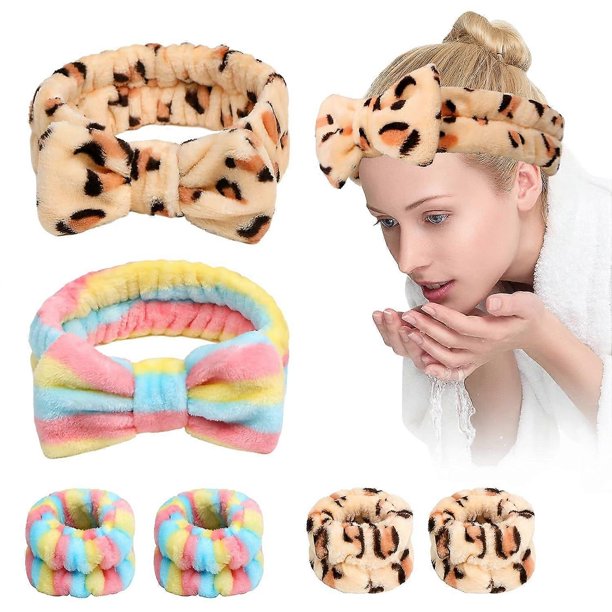 Juego de 6 pulseras y diademas para el lavado facial, diademas de maquillaje para mujer, ideales para el cuidado de la piel, spa, desmaquillaje y ducha (estampado de leopardo, arcoíris).