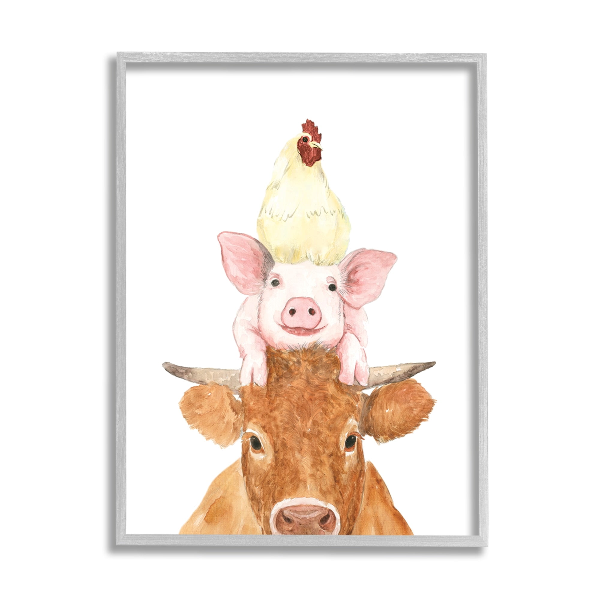 Stupell Industries Farm Animals Stacked Cute Illustration Cow Hen Pig Framed Wall Art, 24 x 30, Design by White Ladder