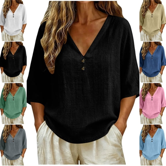 LEKWK Linen Tops for Women 3/4 Sleeve V Neck Casual Shirts Lightweight Loose Fit Solid Comfy T-Shirt Summer Travel Vacation Outfits