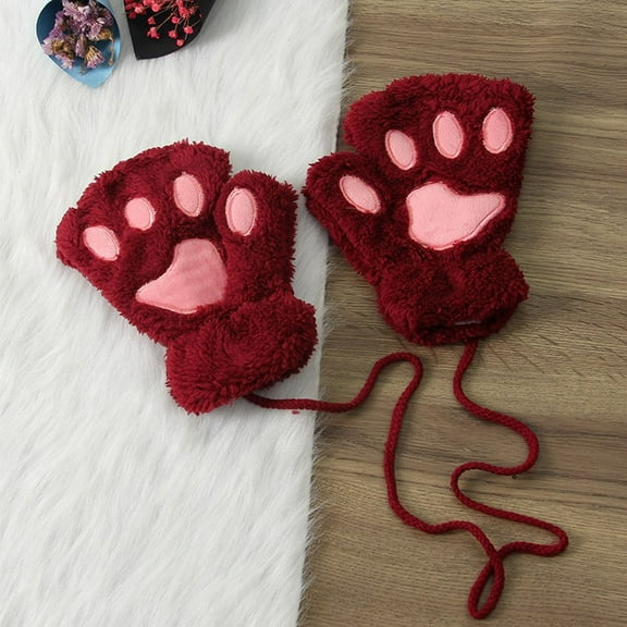 Women's Cute Cat Paw Fingerless Gloves, Warm Half Finger Cartoon Mittens