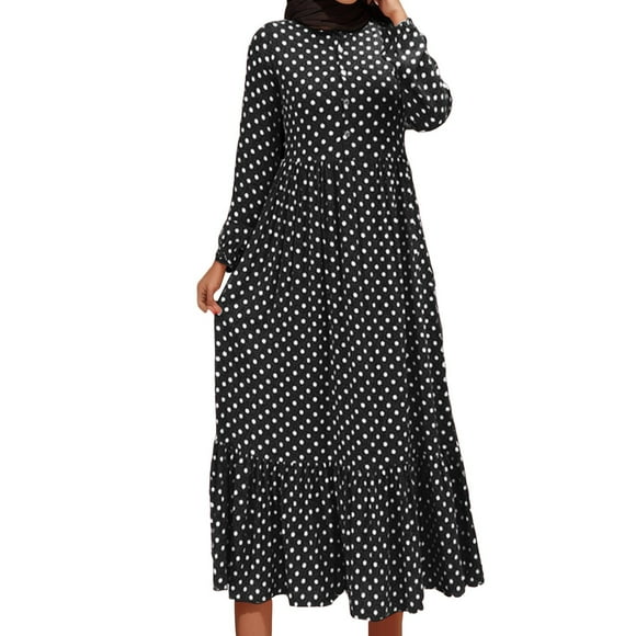 TJAZFJPA Clubbing Dress Women's Polka Dot Loose Waist Retro Temperament Commuting Falbala Long Sleeve Loose Temperament Prayer Clothes Cute Summer Dresses Womens Dress