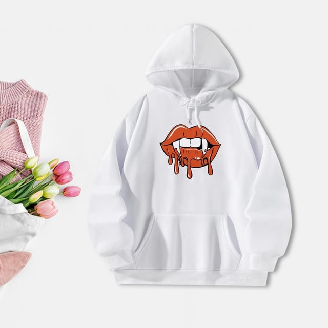 Sudaderas con capucha para mujer, diseño de boca, ropa de mujer, clásica con capucha y bolsillos, sudadera con capucha para adultos con patrón de boca XL Yinane sudadera con capucha de mujer