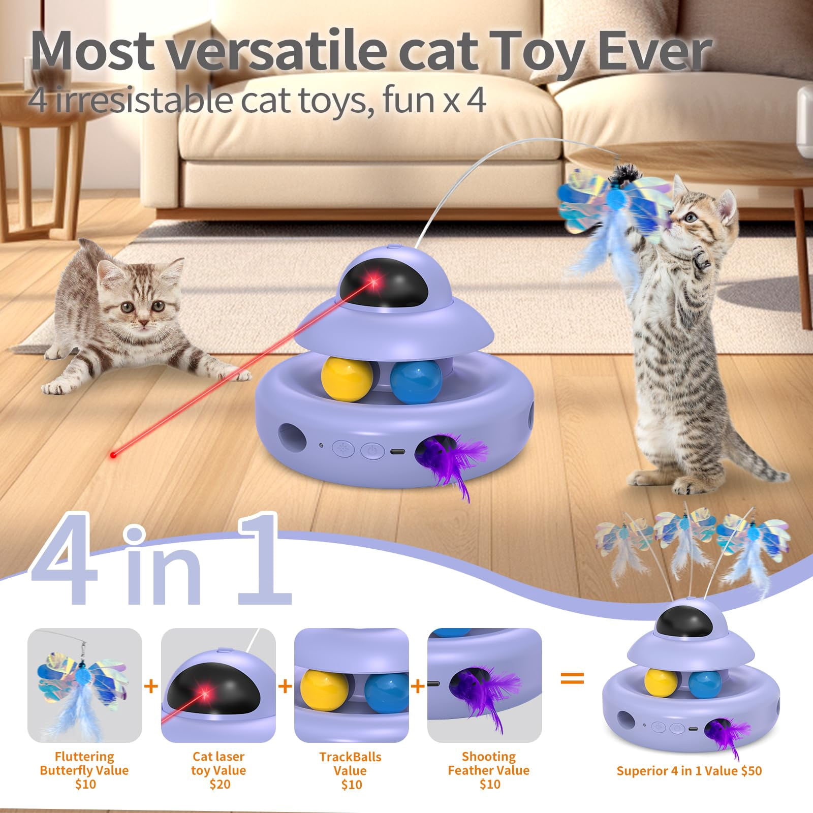 Cat Purple 4-in-1 Interactive Toys For Bored Indoor Adult Cats Electric Flying Butterfly Rechargeable Automatic Moving Ambush Track Balls