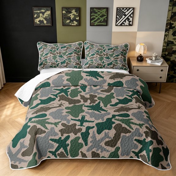 Manfei Retro Airplane Camo Twin Quilt Set, Old Fashion Plane Vehicle Twin Coverlet Set, Woodland Green, 2-Piece, 1 Bedspread and 1 Pillowcase
