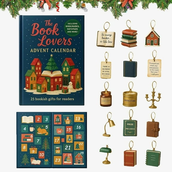 Book Lovers Advent Calendar with 25 Surprise Gifts, Christmas Countdown Box with Book-Themed Ornaments for Readers, Collector's Gift Set - 1Pcs