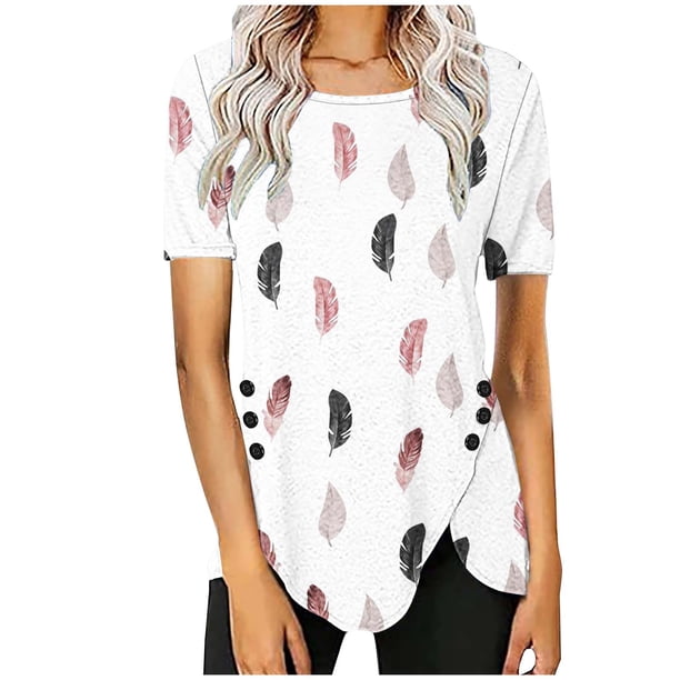 Blusas de Manga Corta para las Mujeres Botón Impreso Cuello Redondo Top Casual, Blusas para las Mujeres Casual