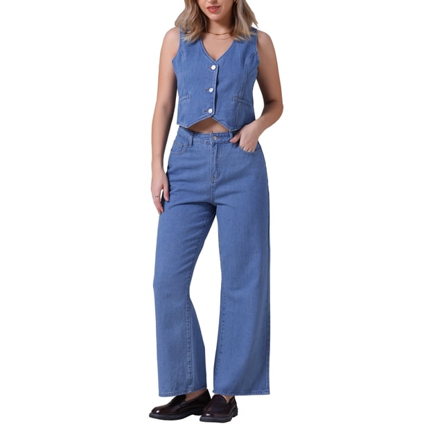INSPIRAR CHIC Conjunto de Top y Jeans de Mezclilla para Mujeres, 2 Piezas, L Azul