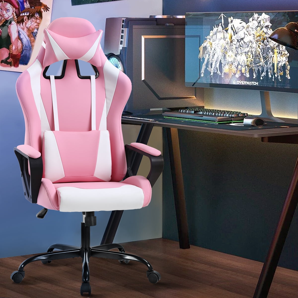 Dkelincs Gaming Chair for Teens PU Leather Computer Chairs with Headrest,Waist Pillow and Quiet Rolling Wheels, Pink