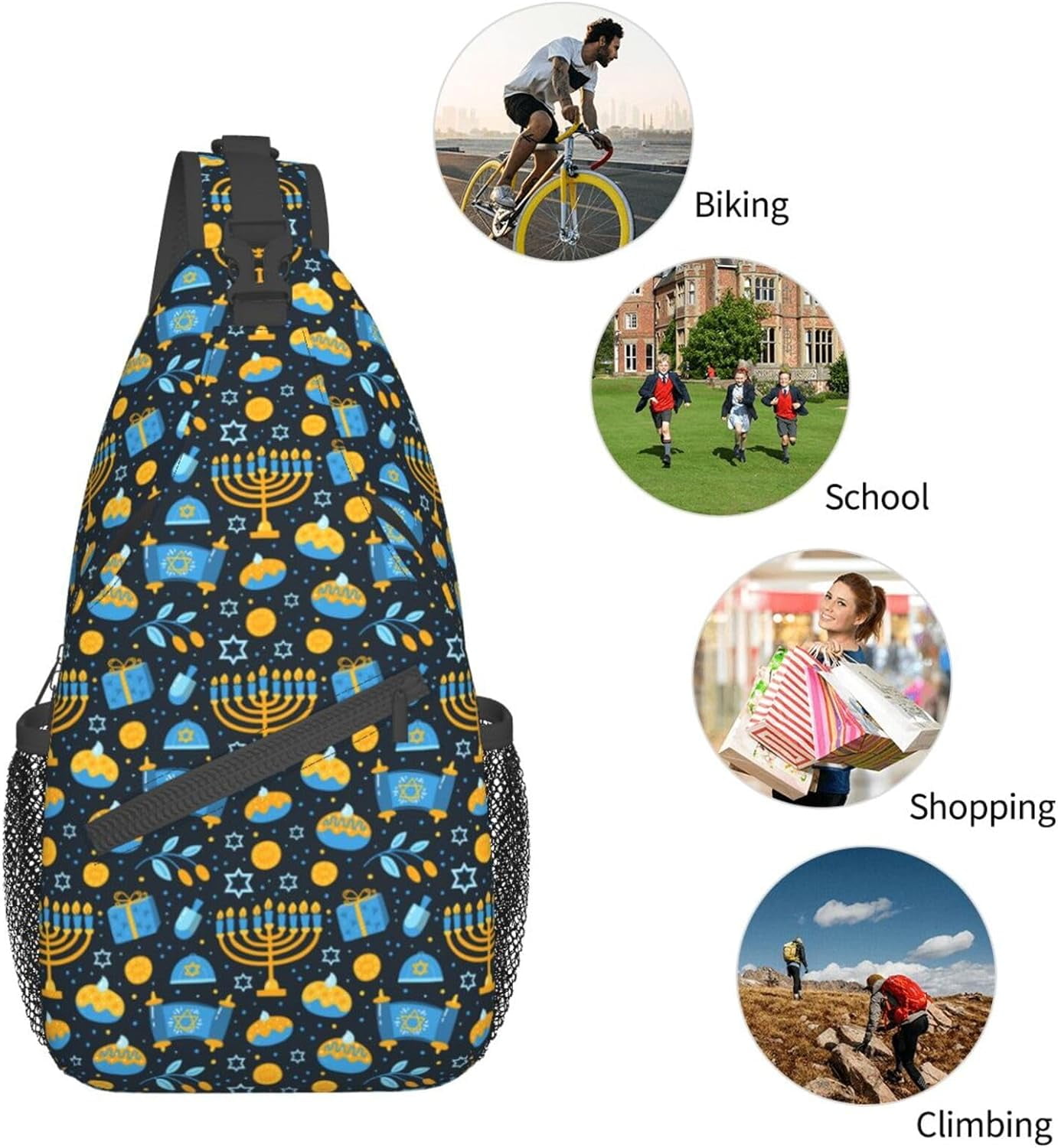 Happy Hanukkah Jewish Chanukah Holiday Sling Bag Crossbody Hiking Travel Chest Bags Backpack Shoulder Daypack for Women Men