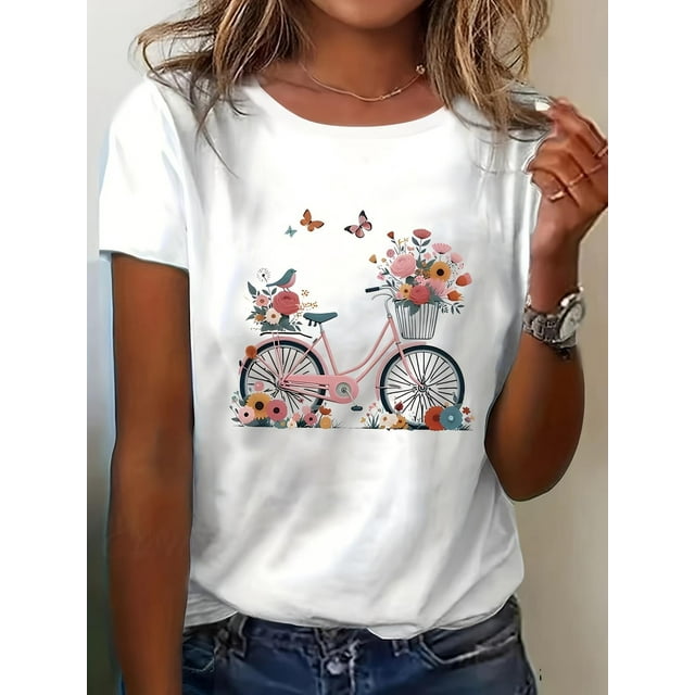 Summer Versatile Women'S Short-Sleeve T-Shirt, Fresh Collegiate Style Loose T-Shirt for Women, Featuring a Butterfly Floral Bicycle Print.