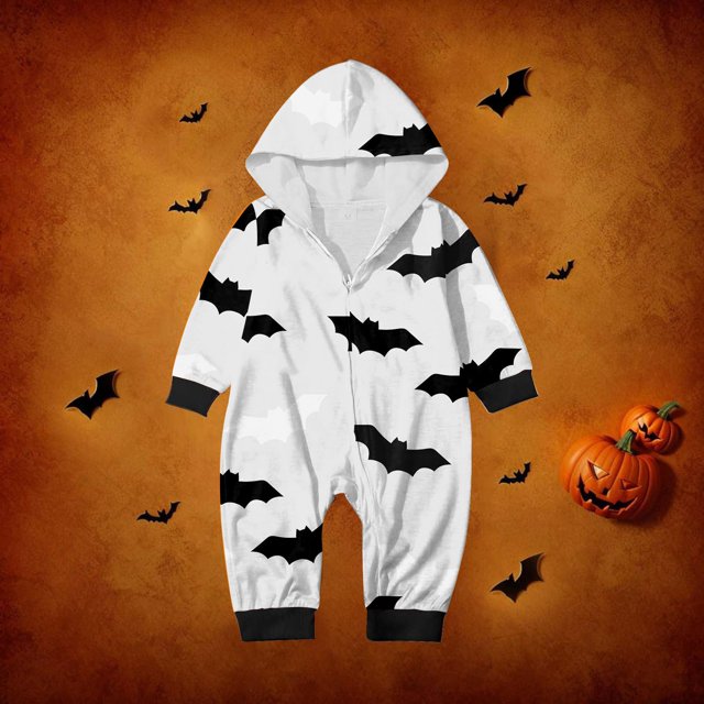 Family Halloween Pjs Matching Sets Halloween Print Long Sleeve Zippered One Piece Pajama Hooded Jumpsuit Winter Halloween Pjs Family Set