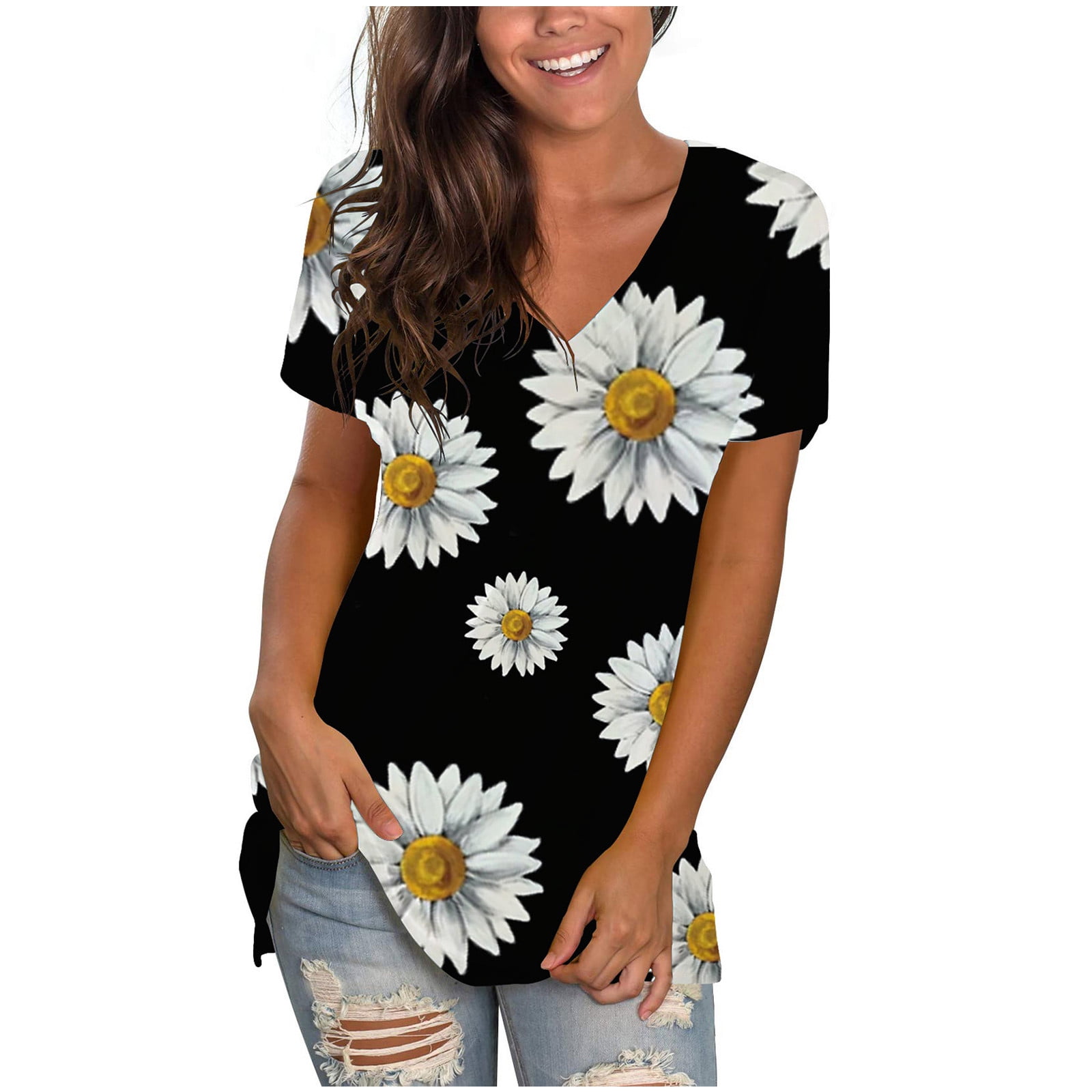 USSUMA Daisy Print T-Shirts for Women Trendy Bohemian Retro Basic Flowy ...
