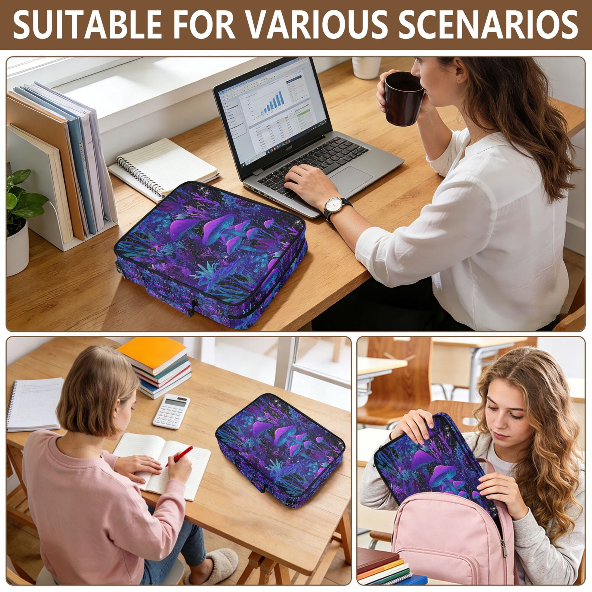 FORMRS Accordion File Folder A4 Size 7-Pocket Expanding Document Organizer Bag with 3 Ring Binder, Purple Mushrooms Pattern