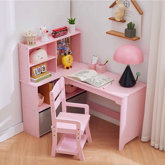 Kids Desk and Chair Set – L-Shaped Kids Study Table with Bulletin Board, Shelves, Storage Cabinets, and Cloth Drawers