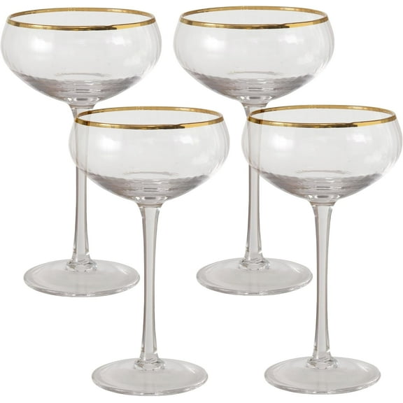 Gold Rimmed Sparking Wine and Champagne Glasses, Set of 4, 7.44 Fluid Ounces, Coupe Style, Wide Cups, 6.75 Inches