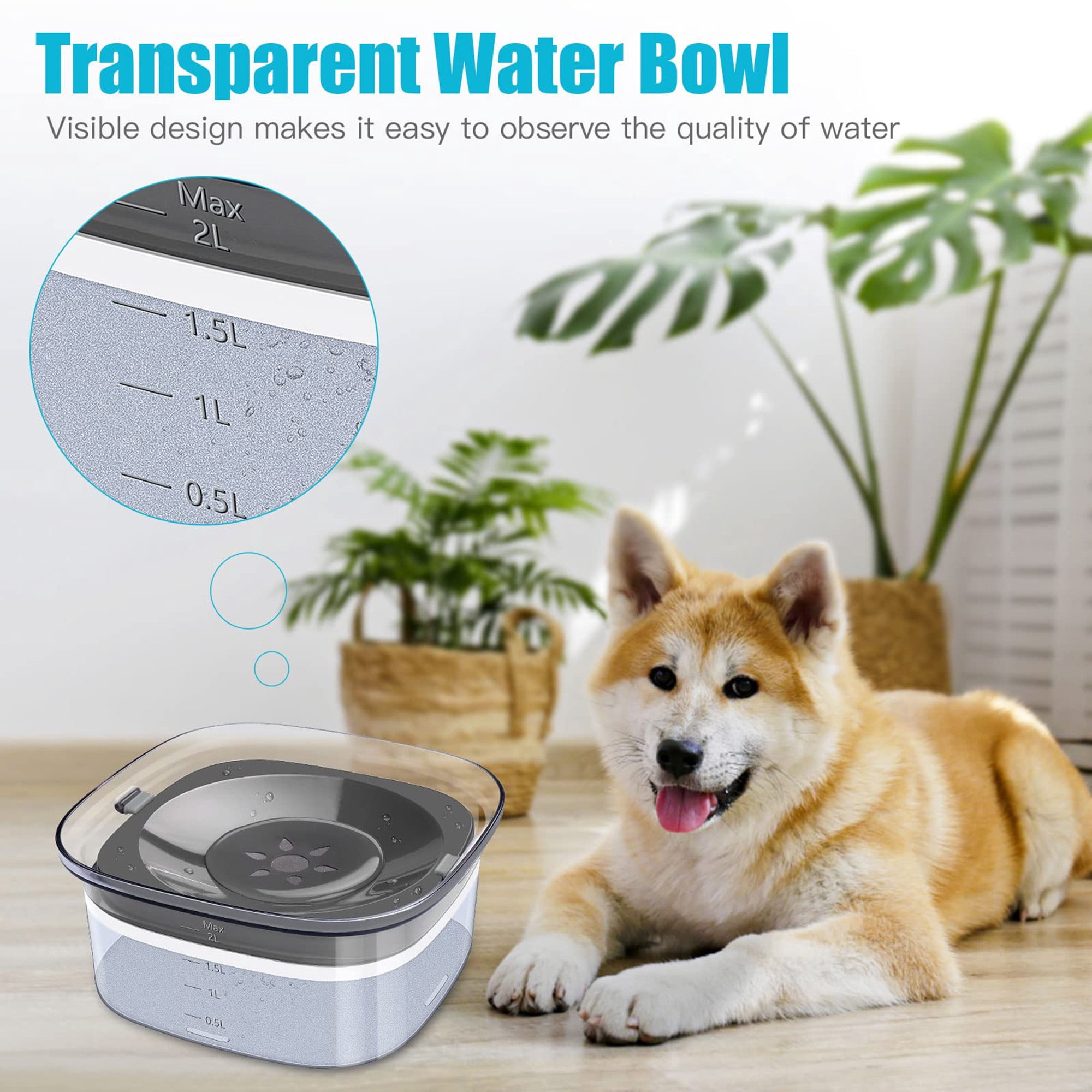 Large 70oz No Spill Dog Water Bowl, 2L Spill Proof Slow Feeder Pet Bowl with Floating Disk, Trael Friendly Slip Design for Messy Drinkers, Car Use, Multi Pet Homes, Gray