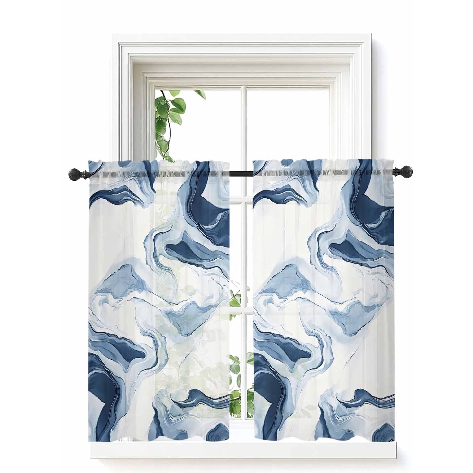 Marble Tier Curtains 45 Inch Length,Sheer Curtains for Bedroom Living Room Window Blue Abstract Neutral Textured Modern Watercolor Small Half Window Kitchen Curtains & Drapes 27.5"x45" 2 Panels