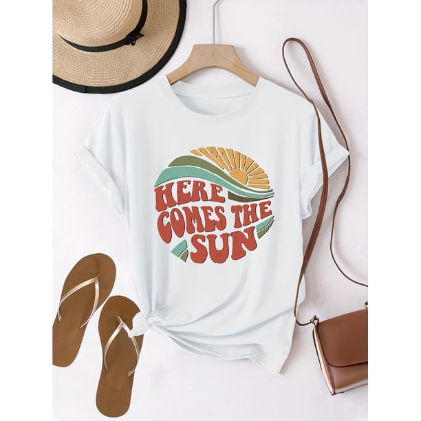 Women's HERE COMES THE SUN Graphic Print T-Shirt - Short Sleeve Crew Neck Casual Top with Vibrant Sunrise Design, Machine Washable All-Season Comfort Fit Tee for Spring & Summer, Ladies T Shirts,