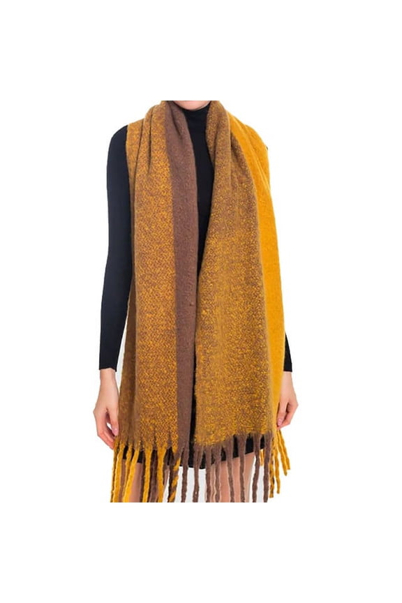 Women's Designer Print Scarf Plaid Print Fringe Trim Oblong Scarf S5028 Mustard