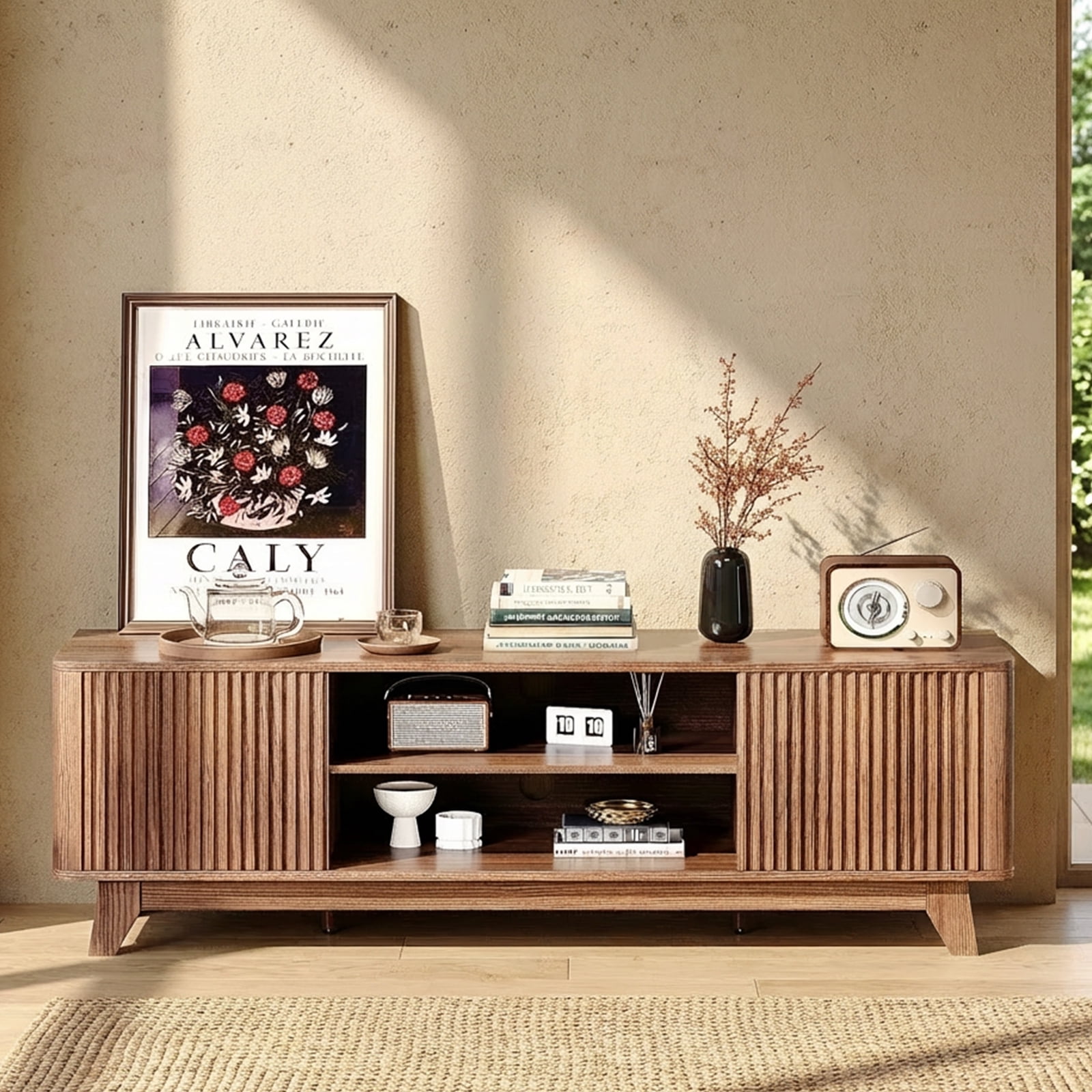 Ktaxon Modern TV Stand for 55/60/65 Inches TVs, 58" Television Media Console Wood Entertainment Center with 2 Fluted Doors & Adjustable Shelves for Living Room, Bedroom, Home, Walnut