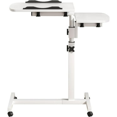 Adjustable Overbed Bedside Table with Wheels, Height Liftable Mobile Standing Desk Laptop Desk Rolling Computer Cart Tray Table Movable Overbed Tables for Hospital Home Use White