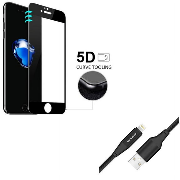 iPhone 7/8 PLUS 6ft USB Cable w Screen Protector - Charger Cord Power Wire Braided, Tempered Glass 5D Touch Curved Edge Full Cover for iPhone 8 PLUS/7 Plus
