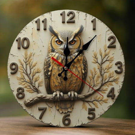 Wall Clock Decorative - Rustic Brown Owl-A Print 2D Vintage Wall Clocks Battery Operated Silent Non-Ticking for Bedroom, Living Room, Kitchen, Office, Classroom, 10 Inch