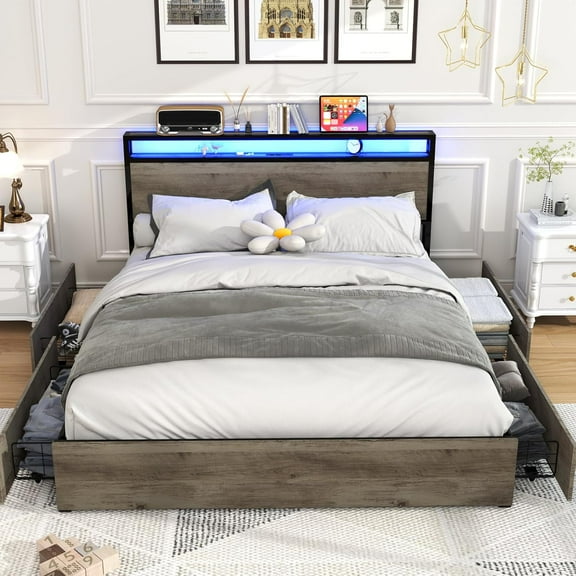 AENKYO Queen Size Bed Frame with LED Lights and Charging Station, Platform Bed Frame with 4 Drawers, Rustic Gray