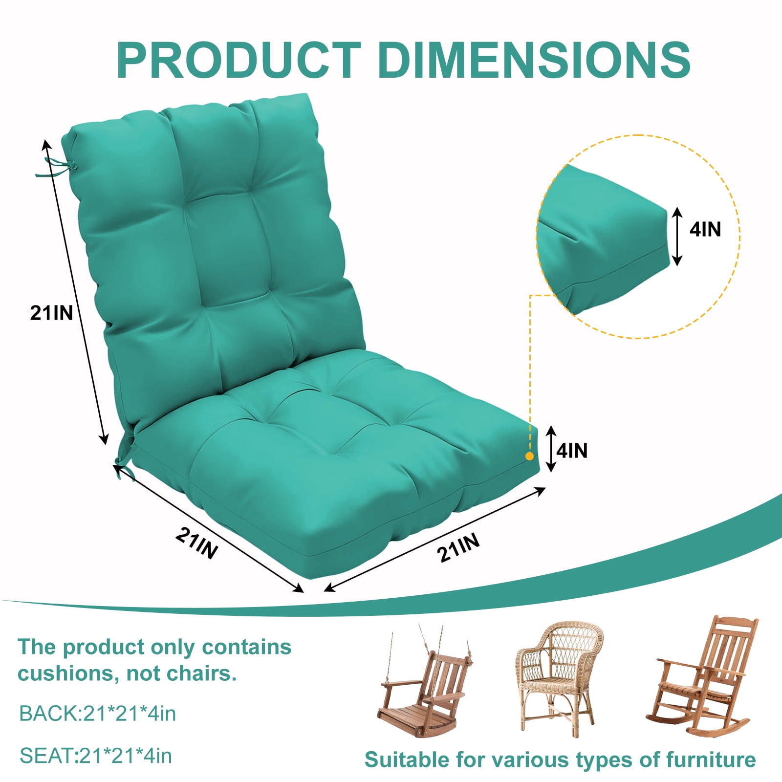 2-Pack 42"x21"x4" Outdoor Chair Cushions, High Back Soft Seat Pad with Ties, Fade-Resistant & Waterproof for Patio Dining/Rocking Chairs, Indoor/Outdoor Use,Lake Blue