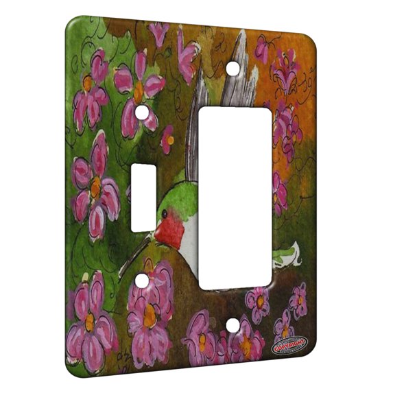 KuzmarK™ 2 Gang Single Toggle / Single Duplex Rocker Wall Plate - Ruby Throated Hummingbird with Pink Clematis Bird Art by Denise Every