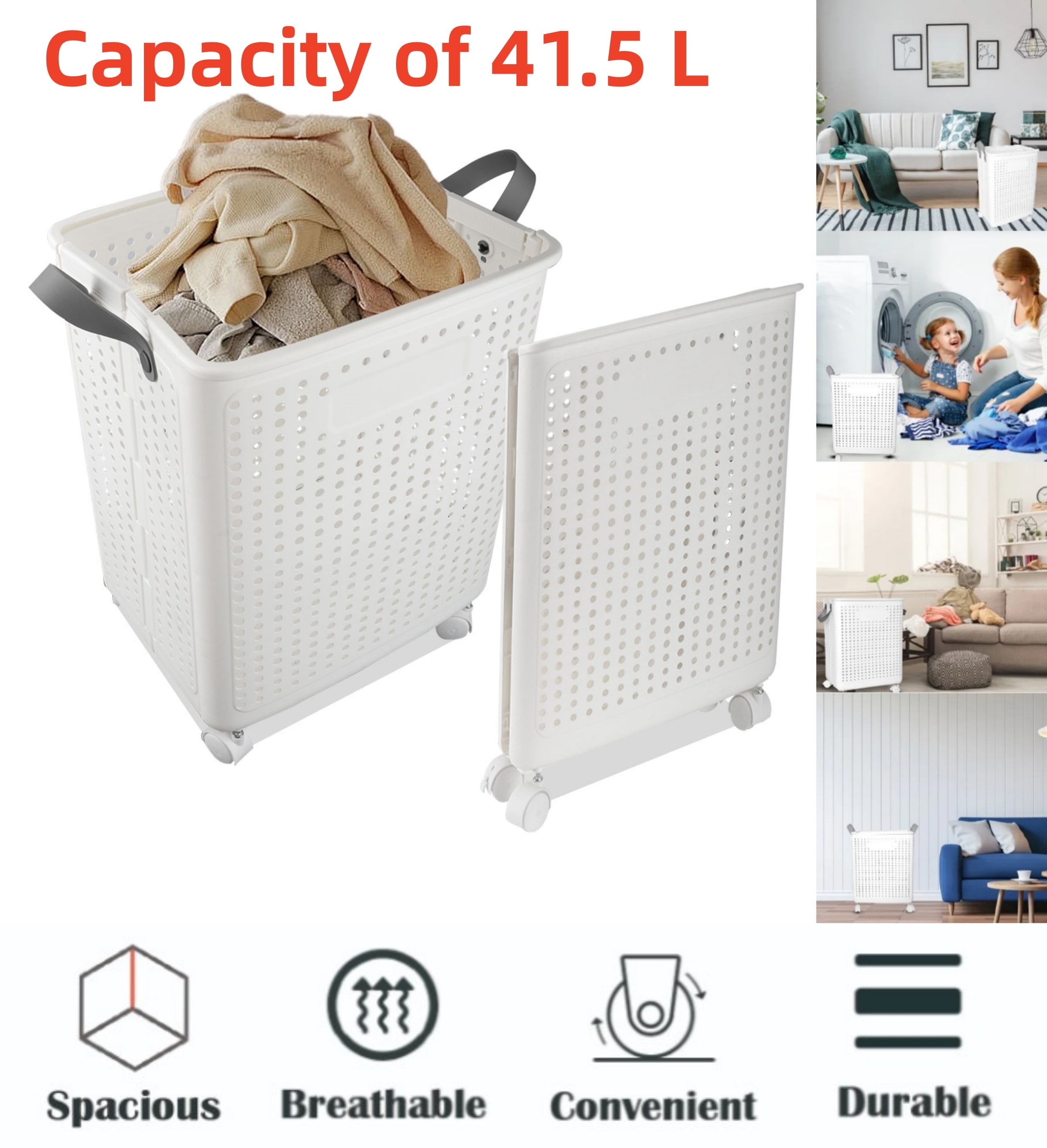 Collapsable Laundry Hamper with Wheels and Lid, 41.5L Rolling Laundry Basket with Handle, Foldable Storage Bins for Corner Bedroom Bathroom