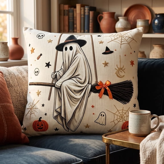 Sahpxhe Halloween Ghost Print Cotton Pillow Covers,21.6Inch Spooky Halloween Decorative Cushion Throw Pillow Case for Sofa Couch Home Holiday Party Decoration Multicolor-B