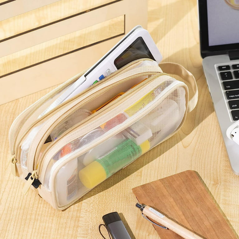 Zipper Pencil Case, Clear Mesh Pencil Pouch, 2 Compartment Large