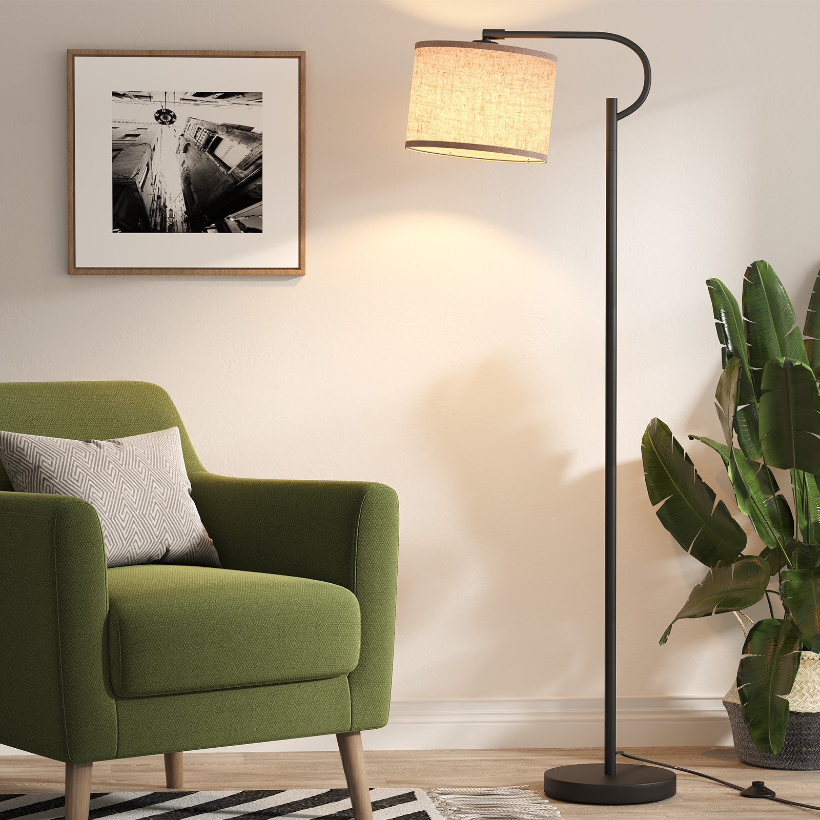 SUNMORY 63" Arc Floor Lamp for Living Room, Dimming Standing Lamp with Linen Shade, Tall lamp with 3 Color Temperature LED, Metal Modern Floor Lamps for Bedroom, Office, Bulb Included, Black