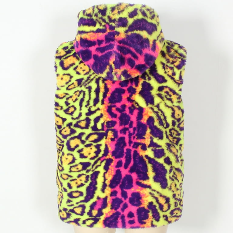 Men's Luxury Faux Fur Hoodie Vest - Colorful Leopard Open Front