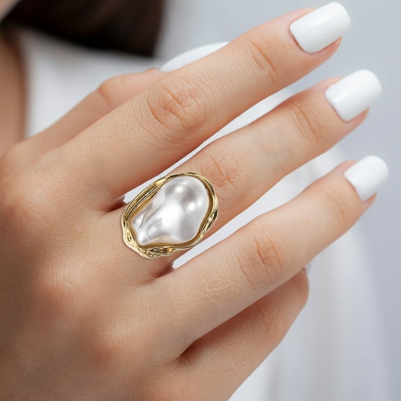 Pearl Ring for Women Adjustable Faux Pearl Finger Ring Open Vintage Statement Stacking Jewelry, Light Golden, White