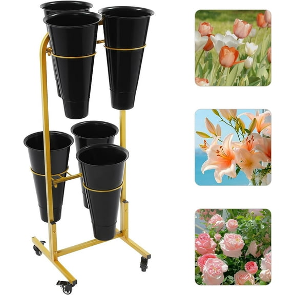 6 Buckets Flower Display Stand, 2 Tiers Moving Plant Cart Shelf with Wheels and 6 Buckets, Iron Florist Shelf for Patio Garden, Living Room, Outdoor Flower Pop-up Events, Gold Frame - Black Bucket