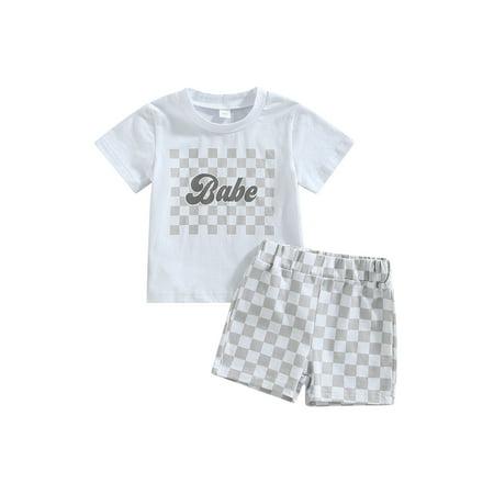

Sunisery Kids Baby Boys Girls 2Pcs Checkerboard Print Outfits Short Sleeve Tops T-Shirt Shorts Clothes Set Gray 0-6 Months