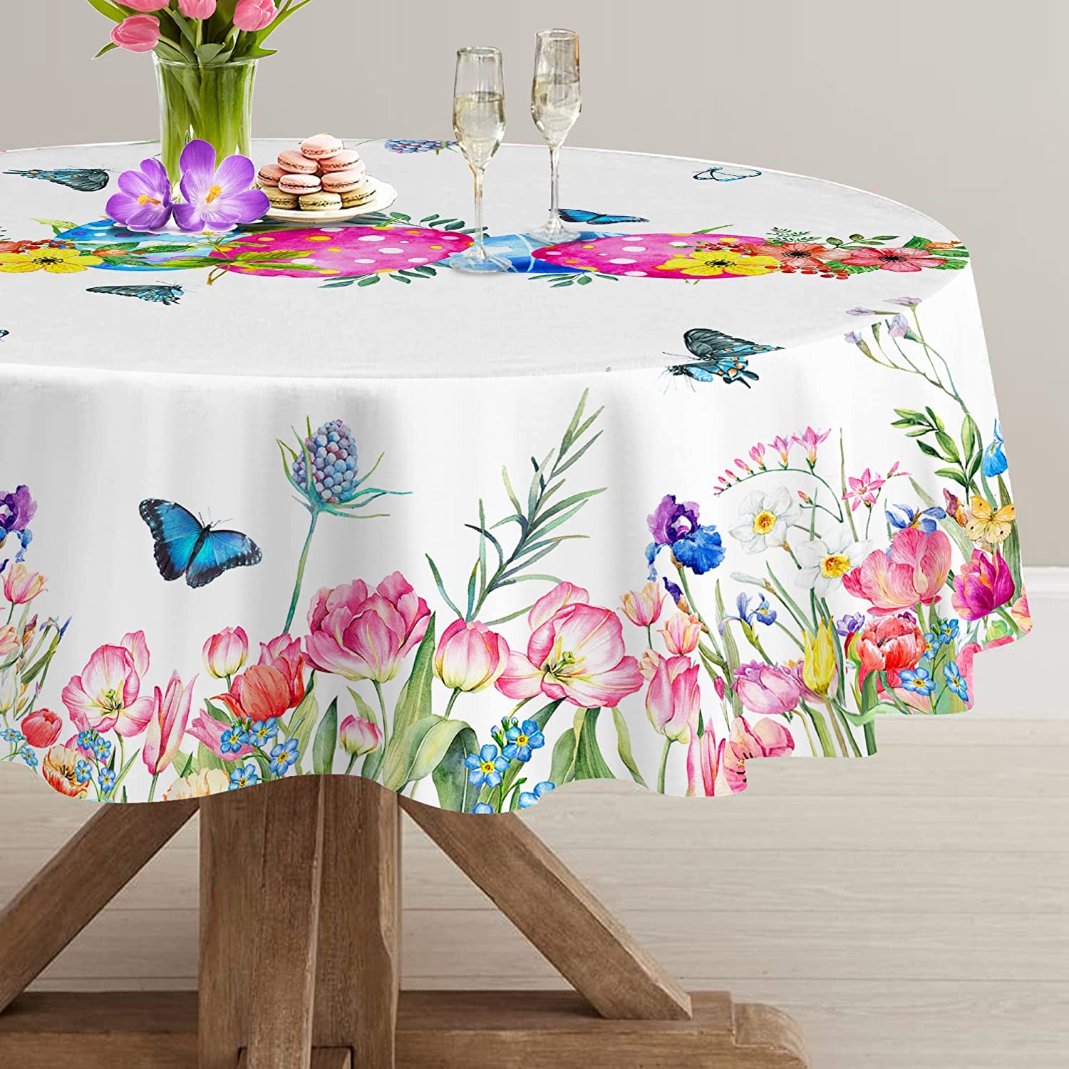 Easter Tablecloth Round 60 Inches, Spring Flower Easter Table Decor