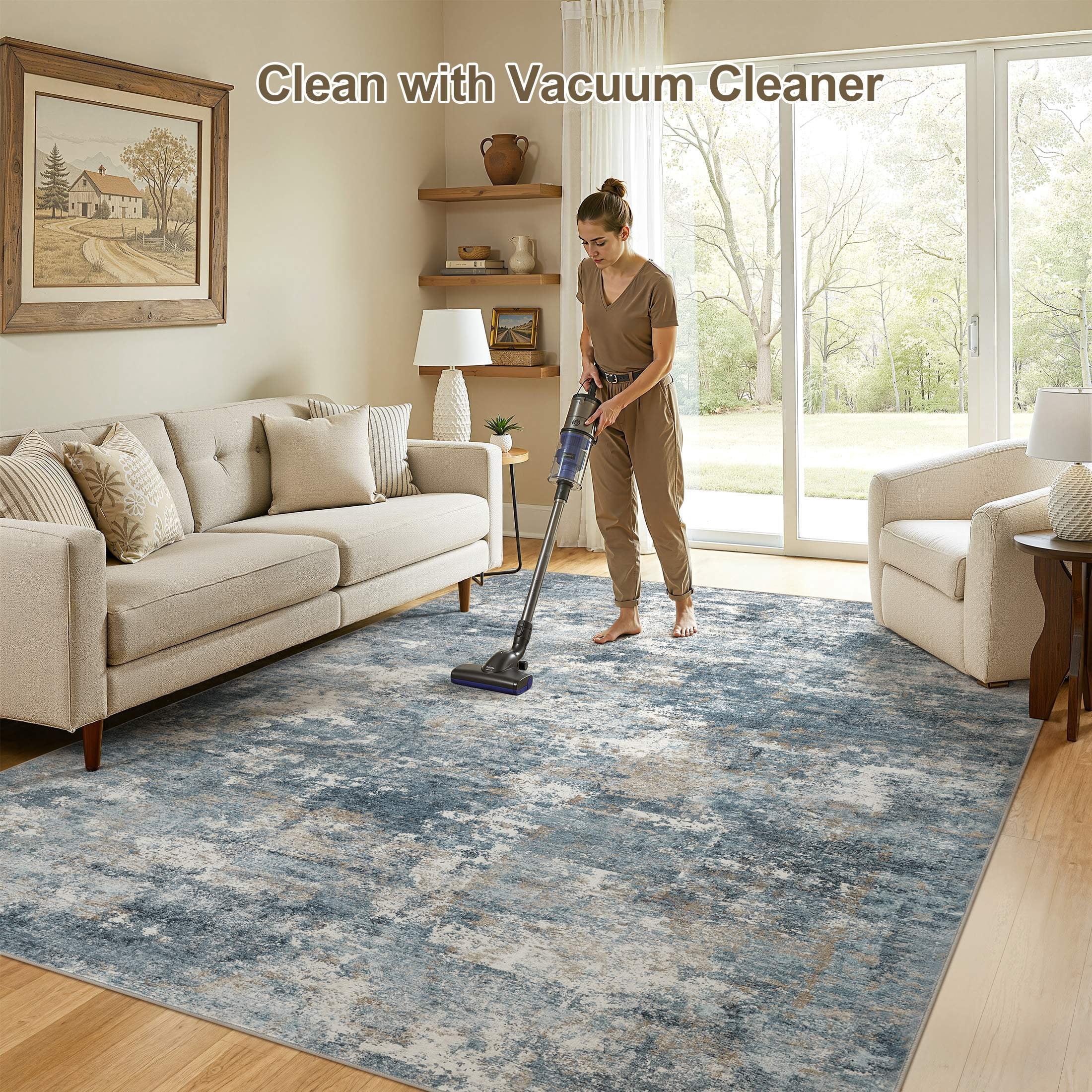 UERMEI 10'x14' Washable Area Rugs for Living Room, Modern Abstract Printed Carpet, Non Slip Indoor Rug for Bedroom Home Decor Carpets, Blue/Brown